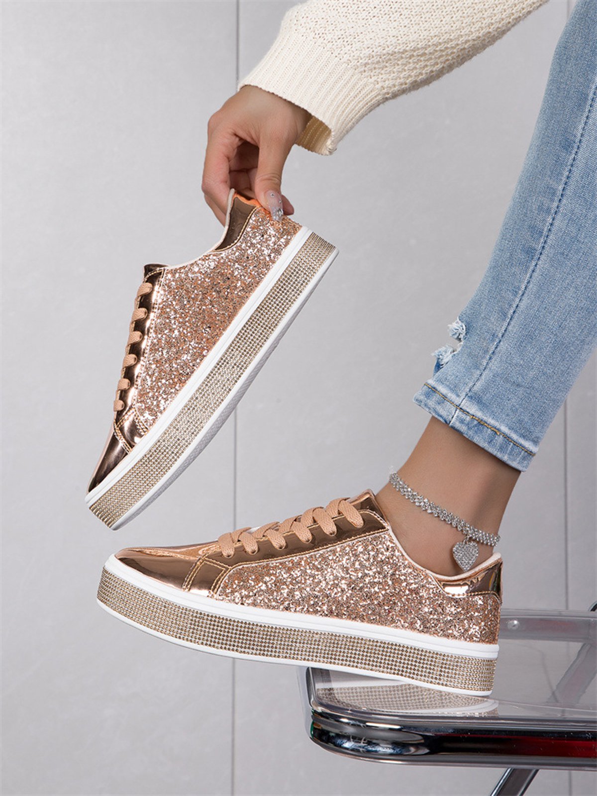 Fashion Glitter Rhinestone Lace-Up Skate Shoes