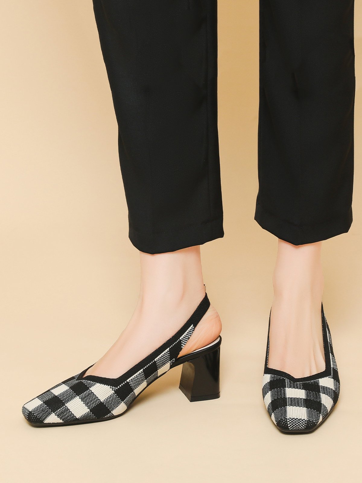 Elegant Plaid Breathable Mesh Fabric Chunky Heel Slingback Pumps