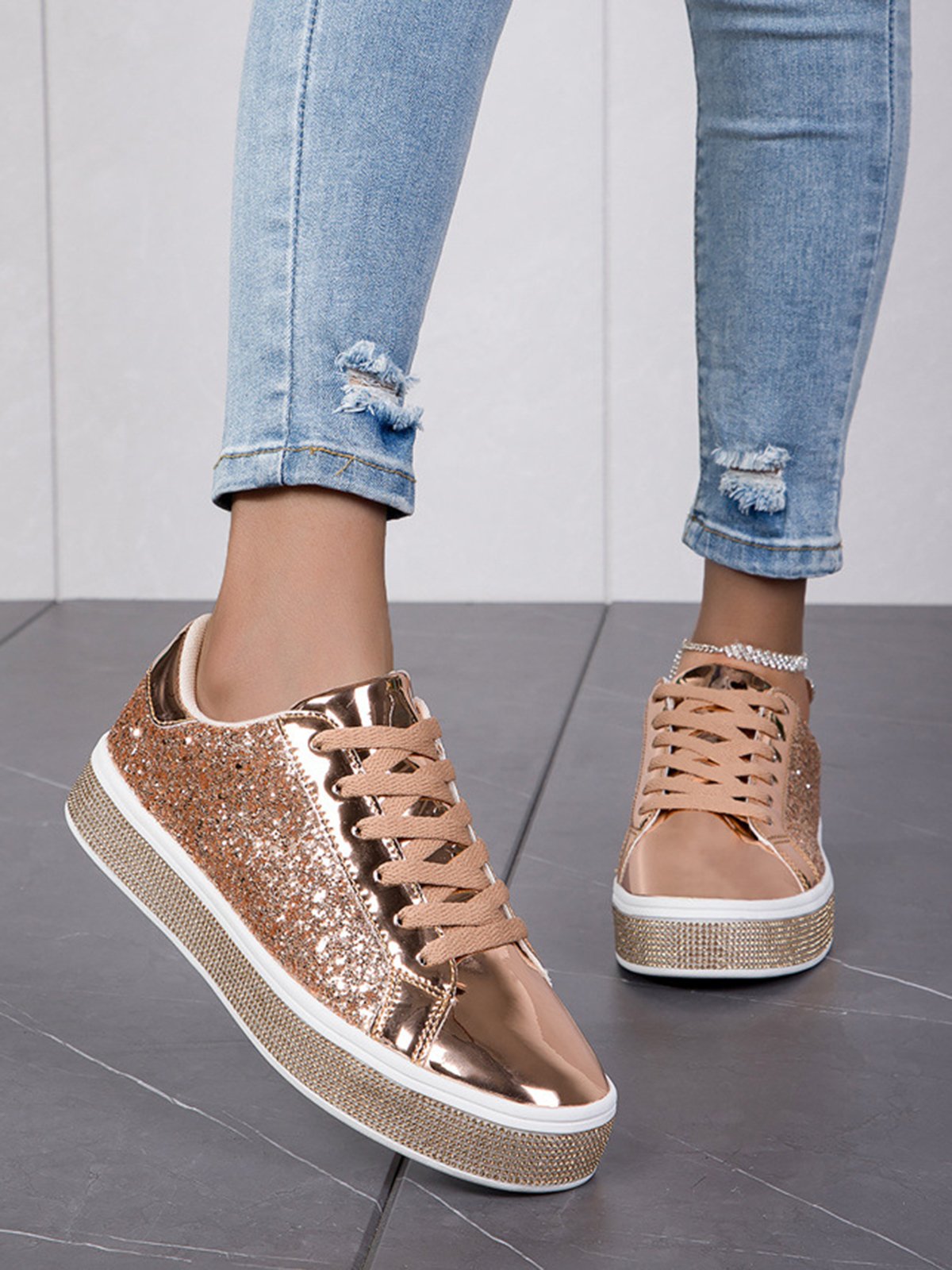 Fashion Glitter Rhinestone Lace-Up Skate Shoes