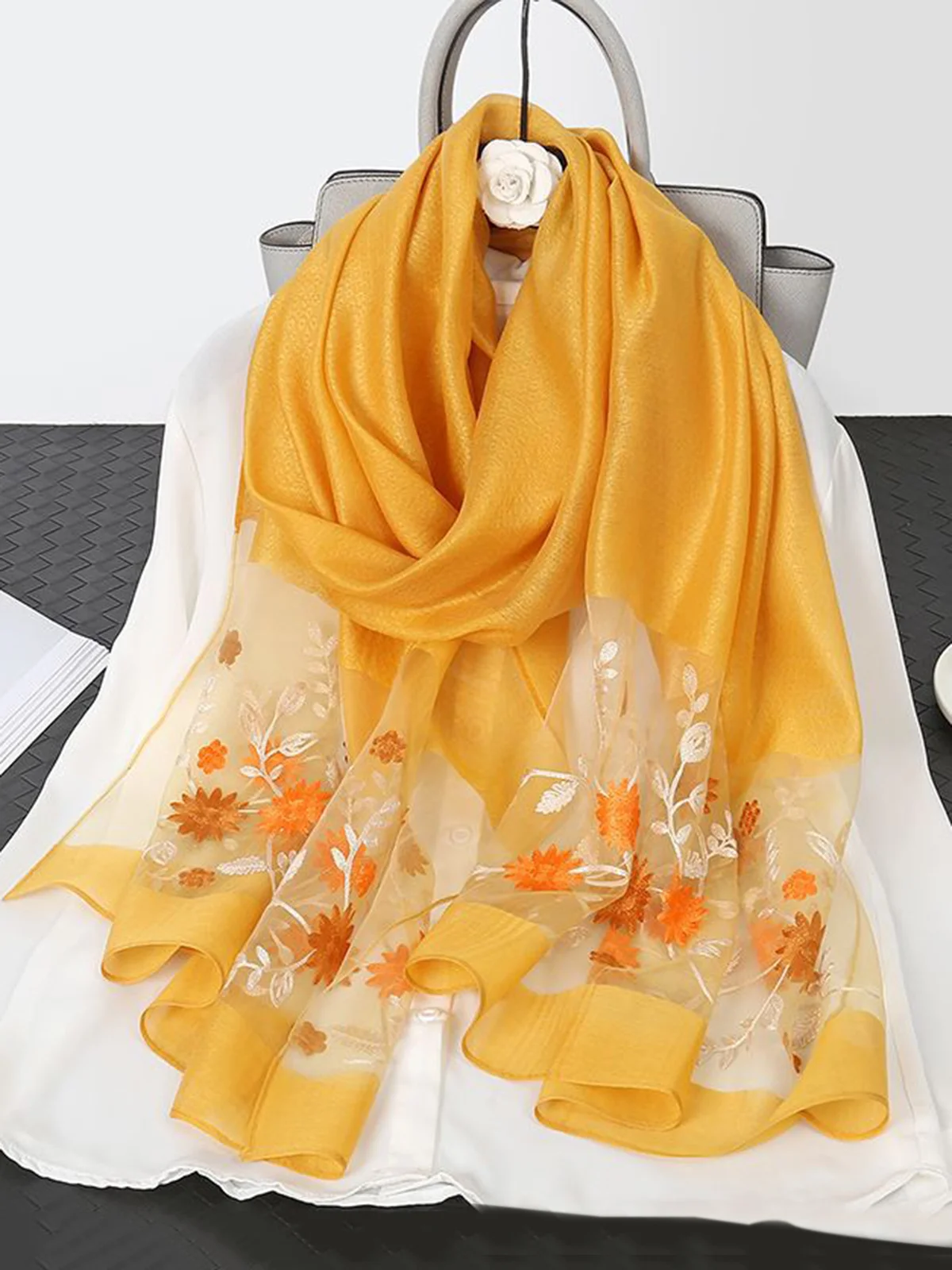 Elegant Floral Embroidery Imitation Silk Scarf