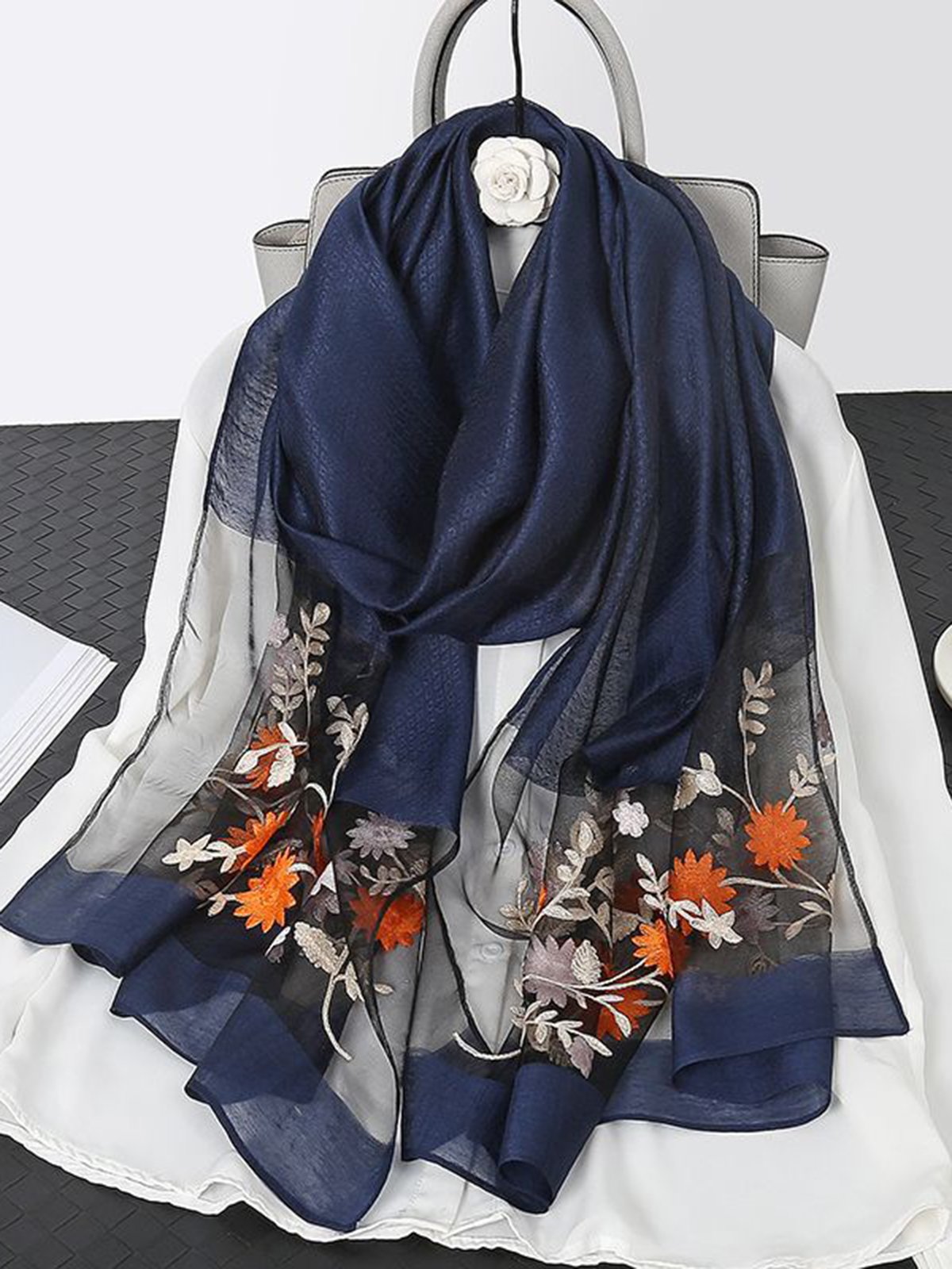 Elegant Floral Embroidery Imitation Silk Scarf