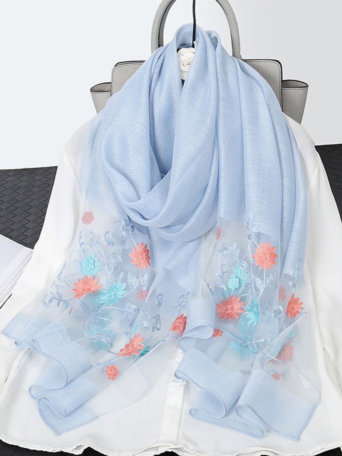 Elegant Floral Embroidery Imitation Silk Scarf