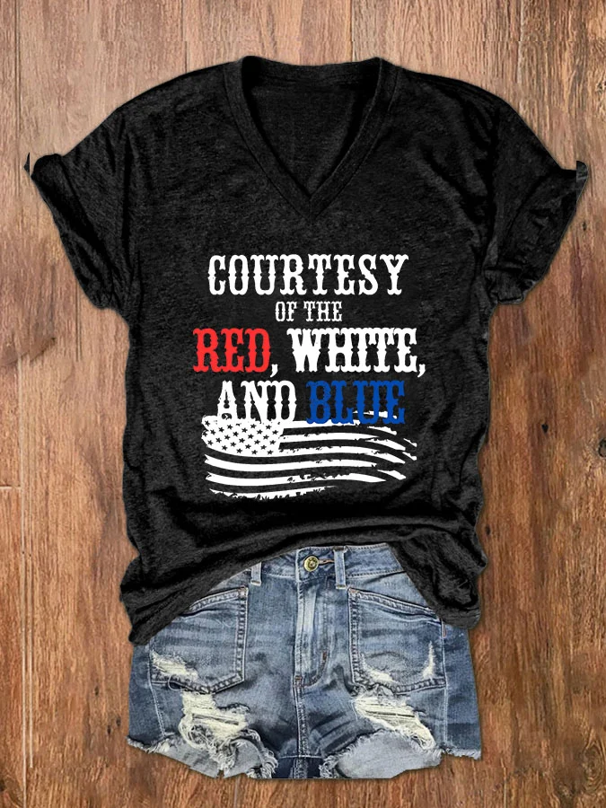 Women's Courtesy Of The Red White And Blue V Neck Casual Flag Cotton-Blend T-Shirt