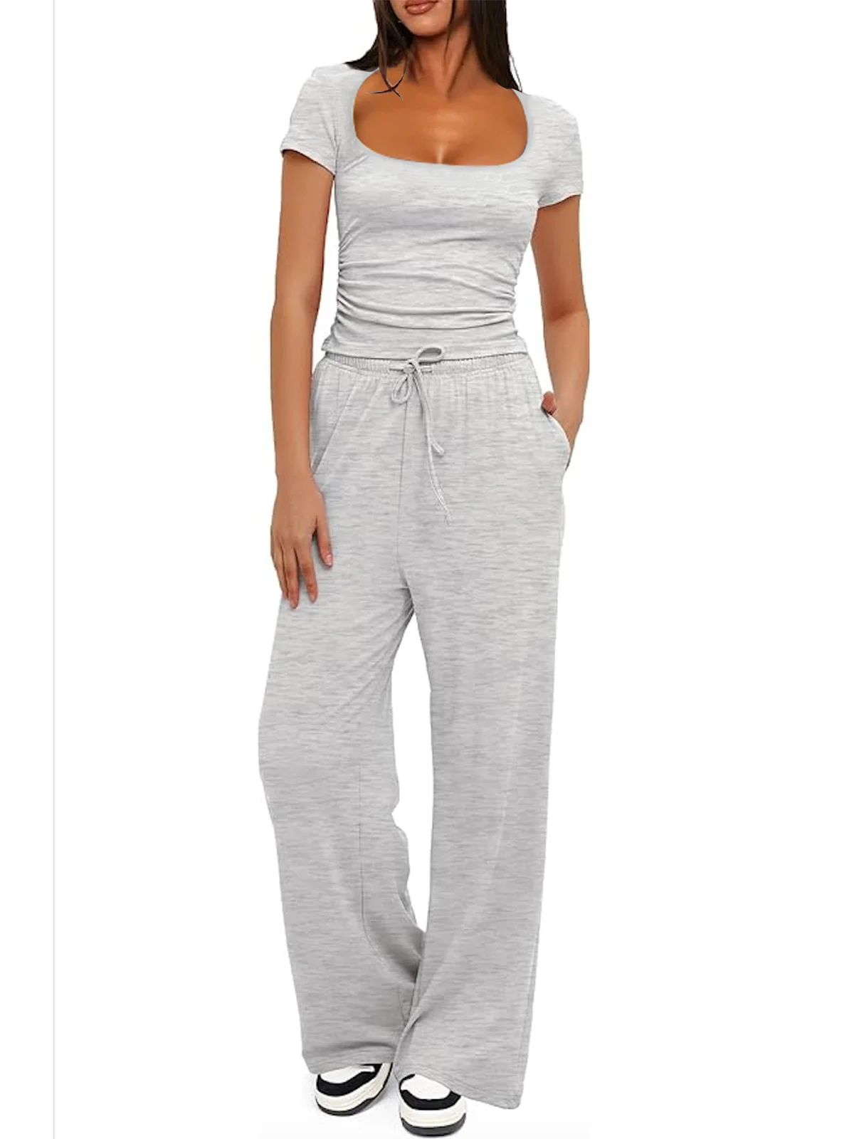 Crew Neck Plain Casual Two-Piece Set
