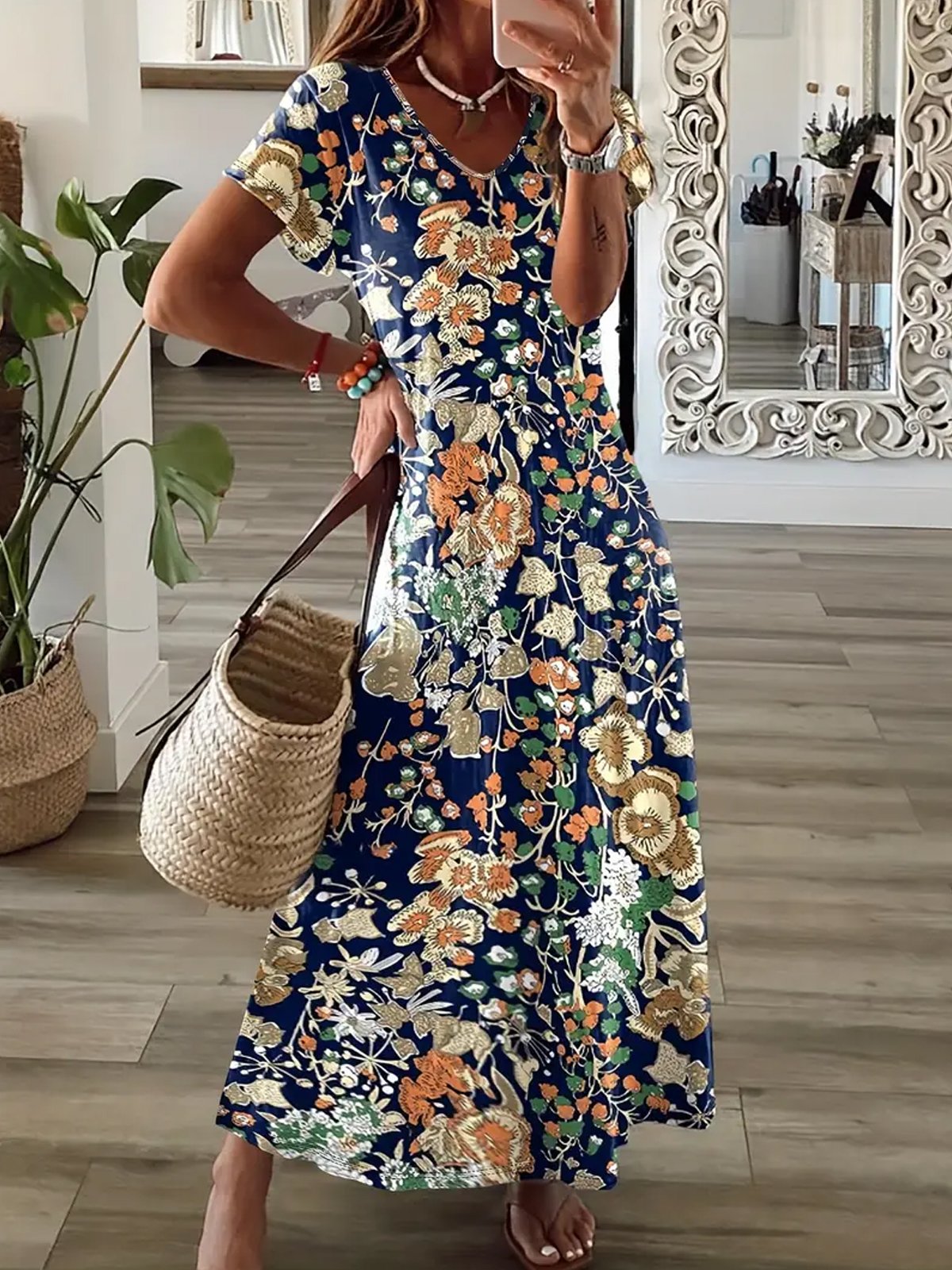 Floral Summer V Neck Casual Jersey Loose Dress