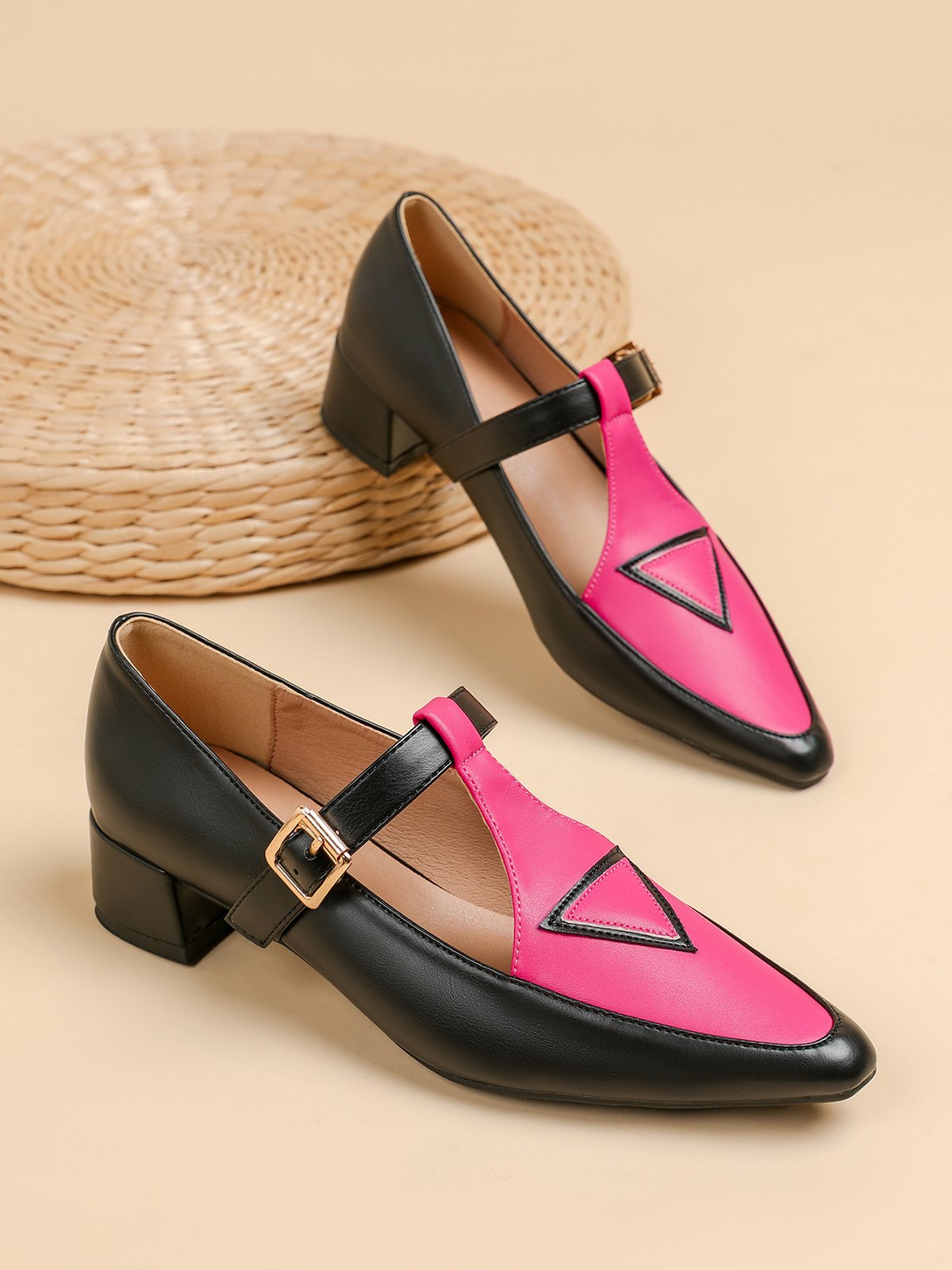 Color Block Adjustable Buckle Urban T-Strap Shoes