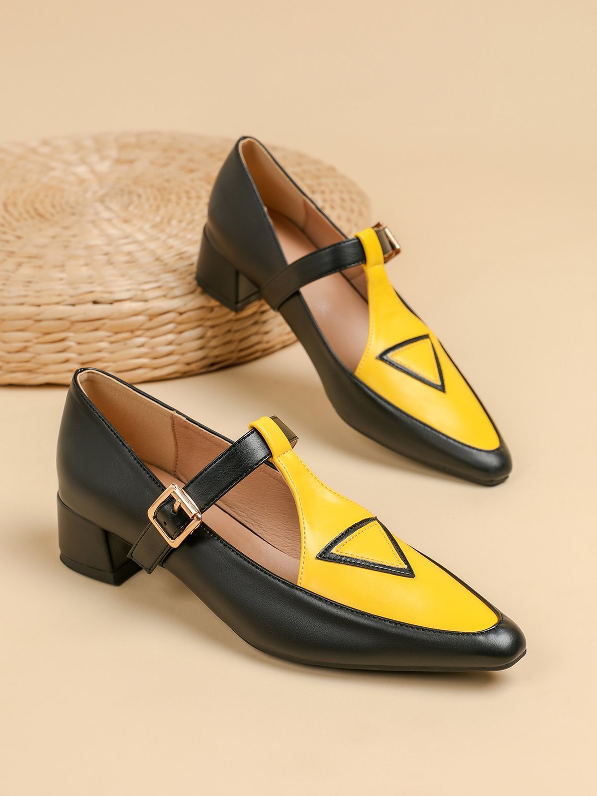 Color Block Adjustable Buckle Urban T-Strap Shoes