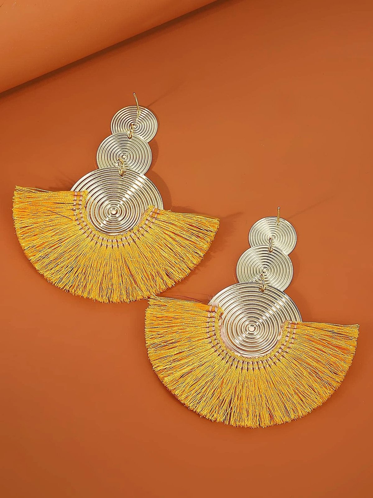 1pair Bohemian Exaggerated Metal Circle Fringed Drop Earrings