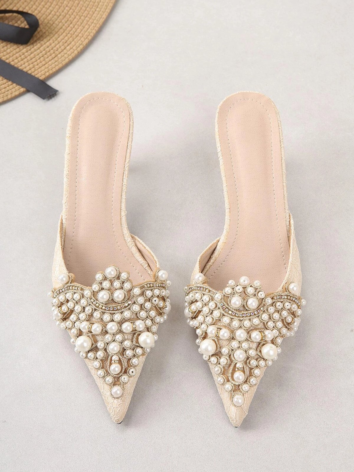 Elegant Imitation Pearl Pointed Toe Kitten Heel Mules