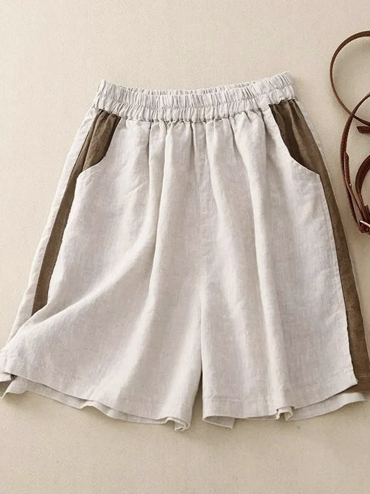 Casual Loose Color Block Cotton And Linen Shorts