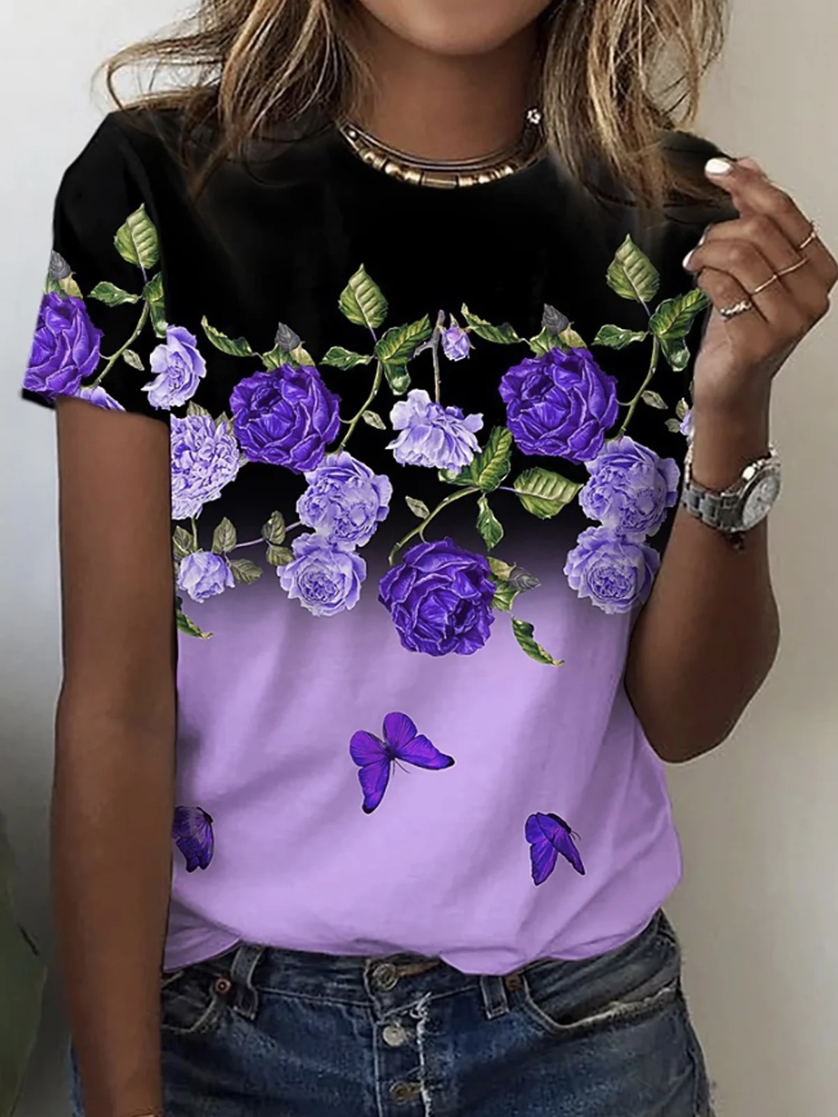 Crew Neck Casual Loose Floral T-Shirt