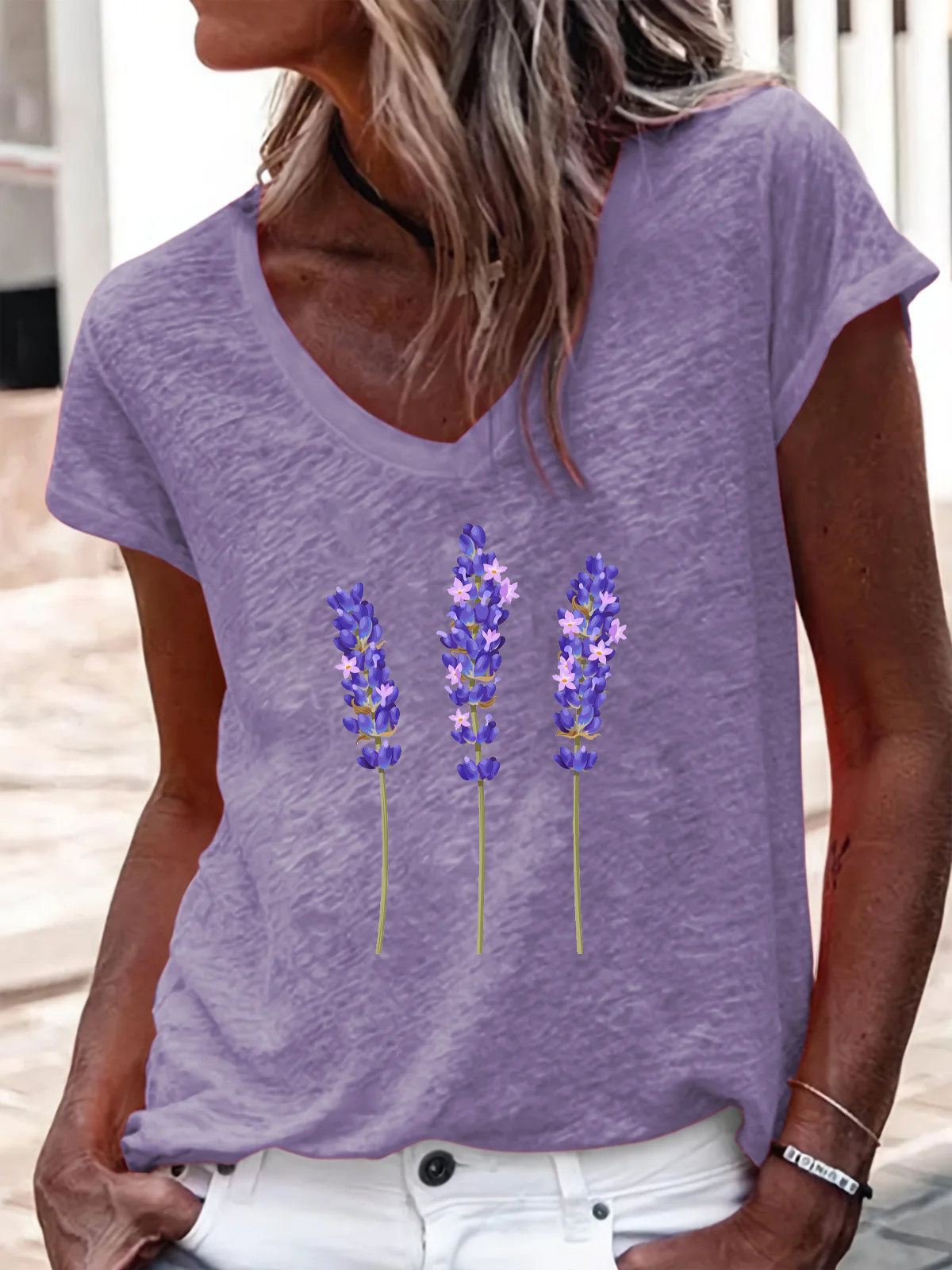 Casual V Neck Loose Lavender T-Shirt