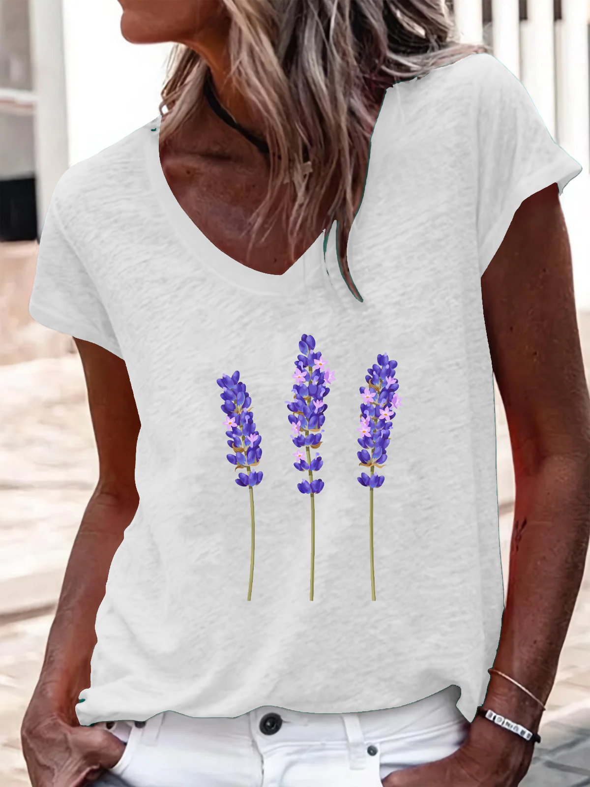 Casual V Neck Loose Lavender T-Shirt