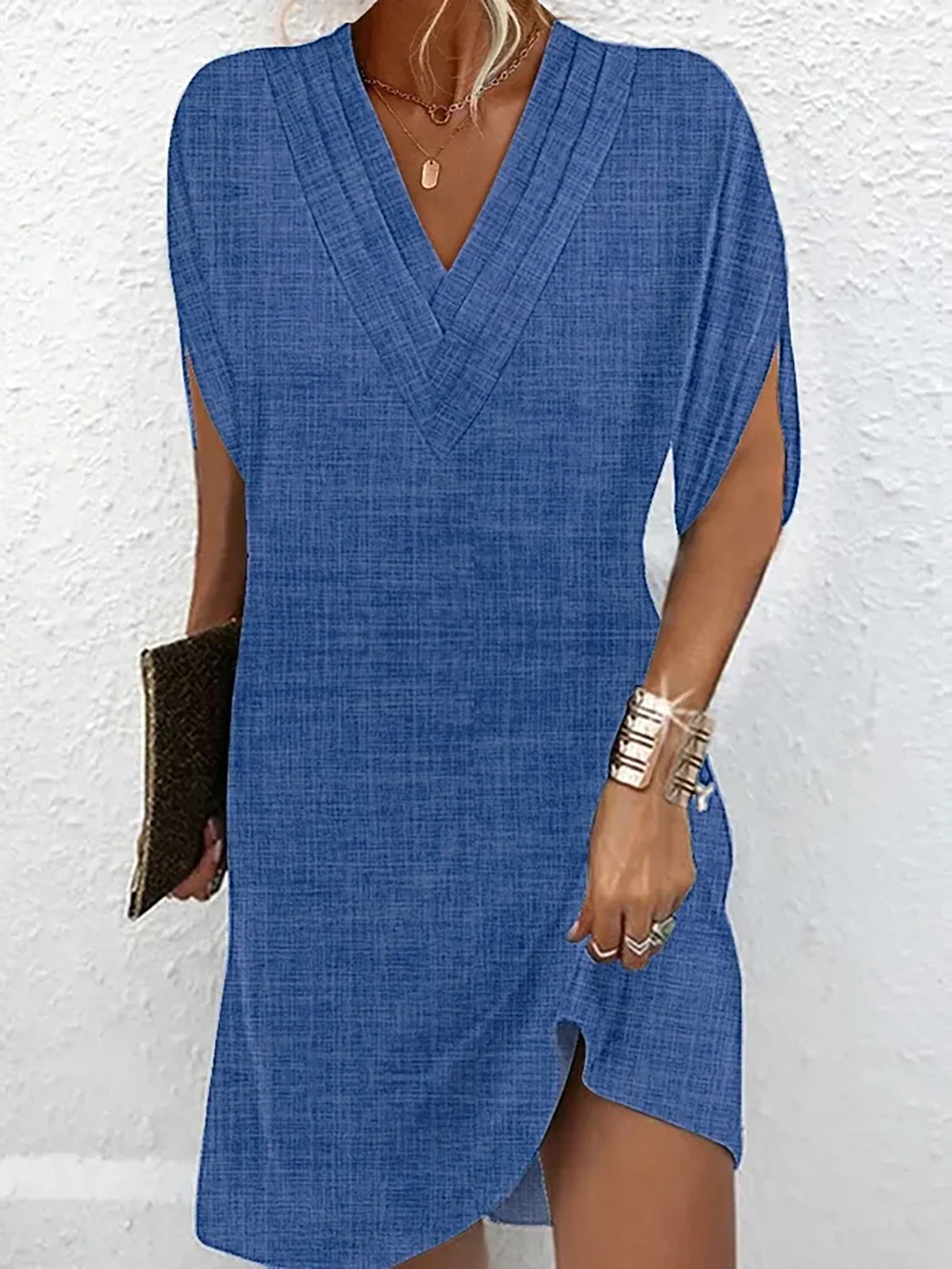 Plain Casual Cotton-Blend V Neck Dress