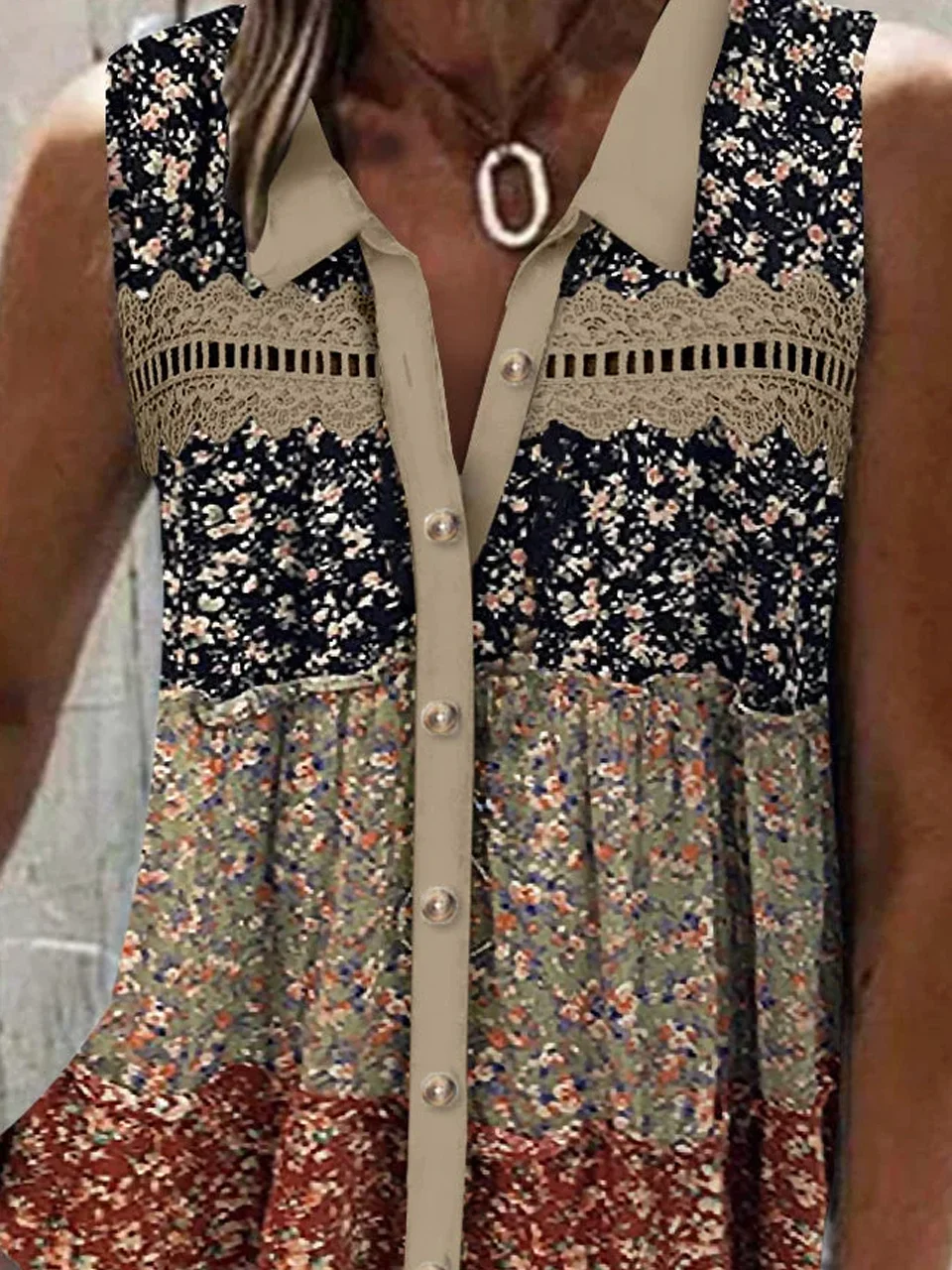 Loose Shirt Collar Small Floral Casual Tank Top