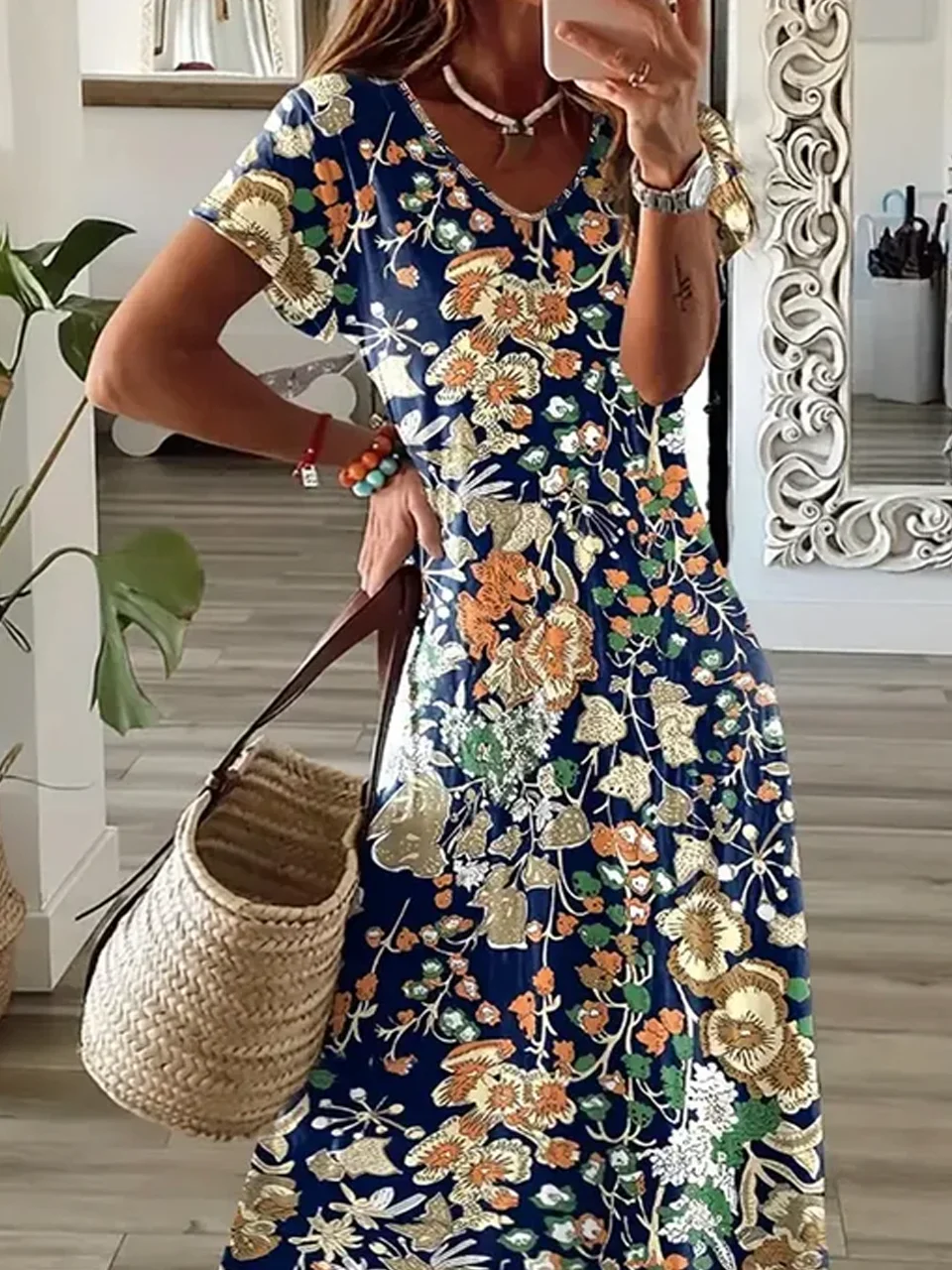 Plus size Loose V Neck Casual Floral Dress