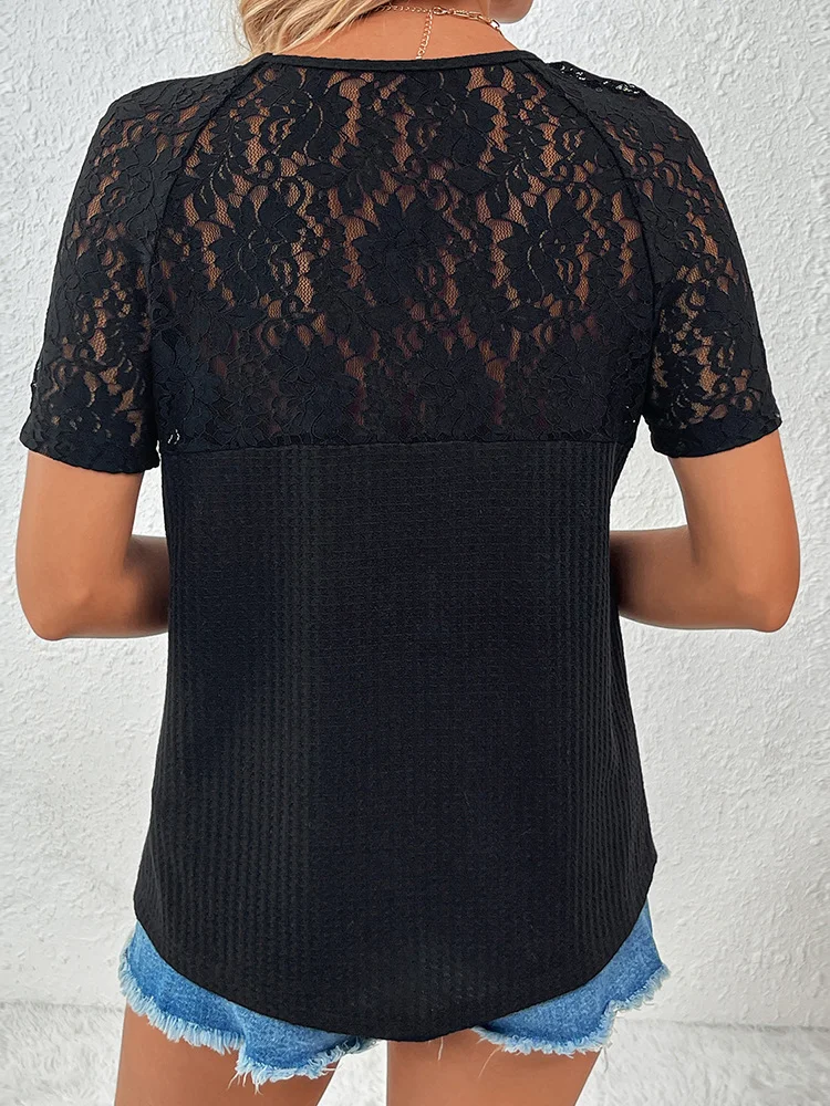 Loose Knitted Raglan Sleeve Casual Lace T-Shirt