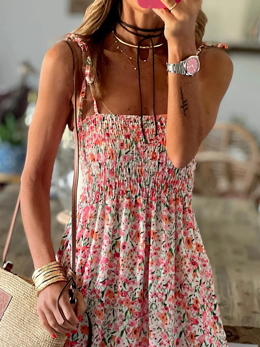 Vacation Disty Floral Loose Spaghetti Dress