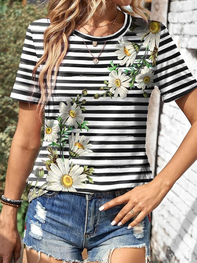 Crew Neck Floral Casual T-Shirt