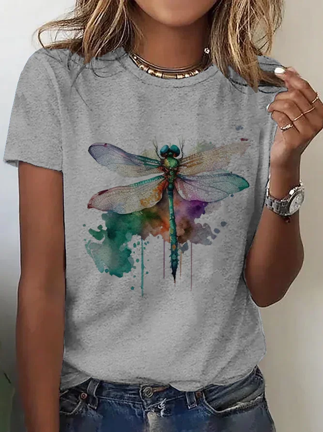 Casual Crew Neck Cotton Dragonfly T-Shirt