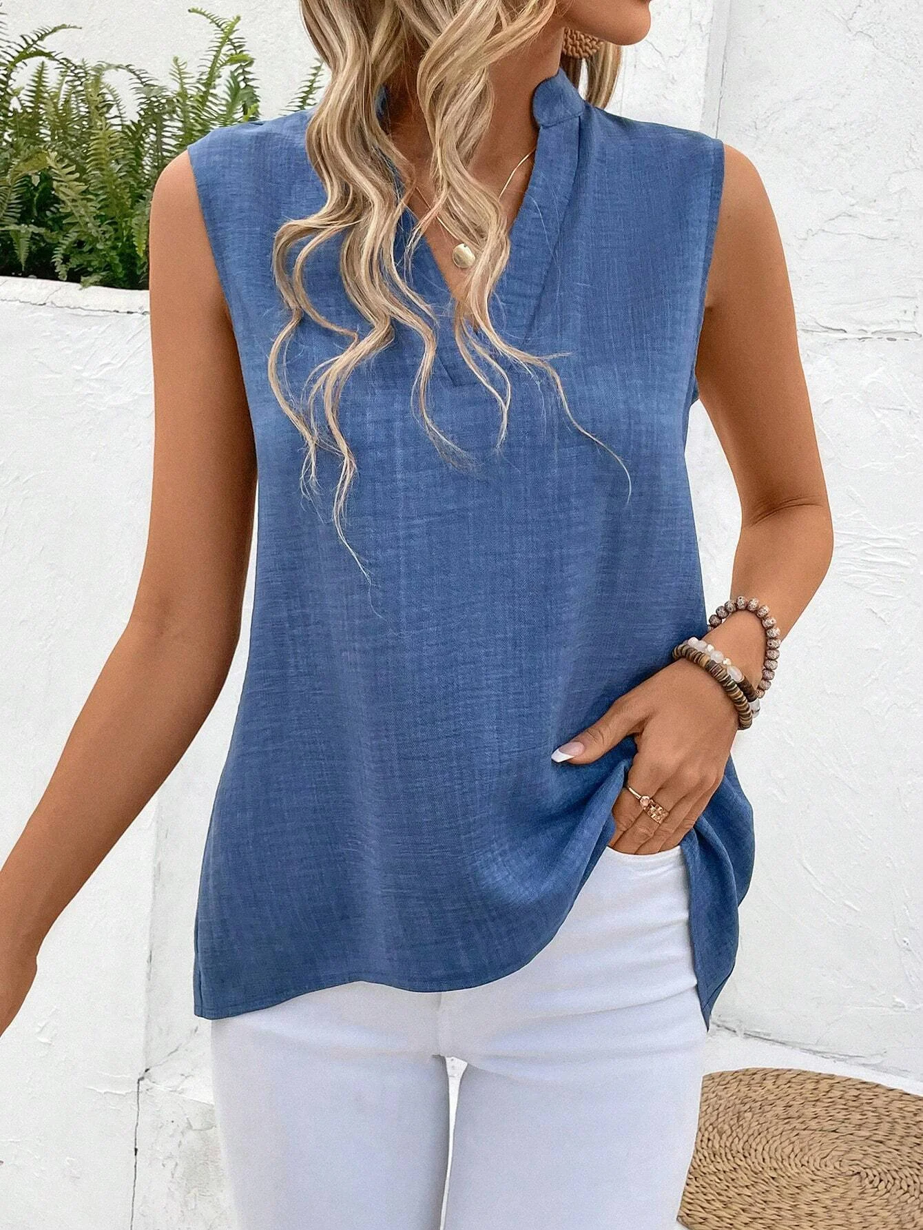Buttoned Simple Sleeveless Regular Cotton and linen Shirts