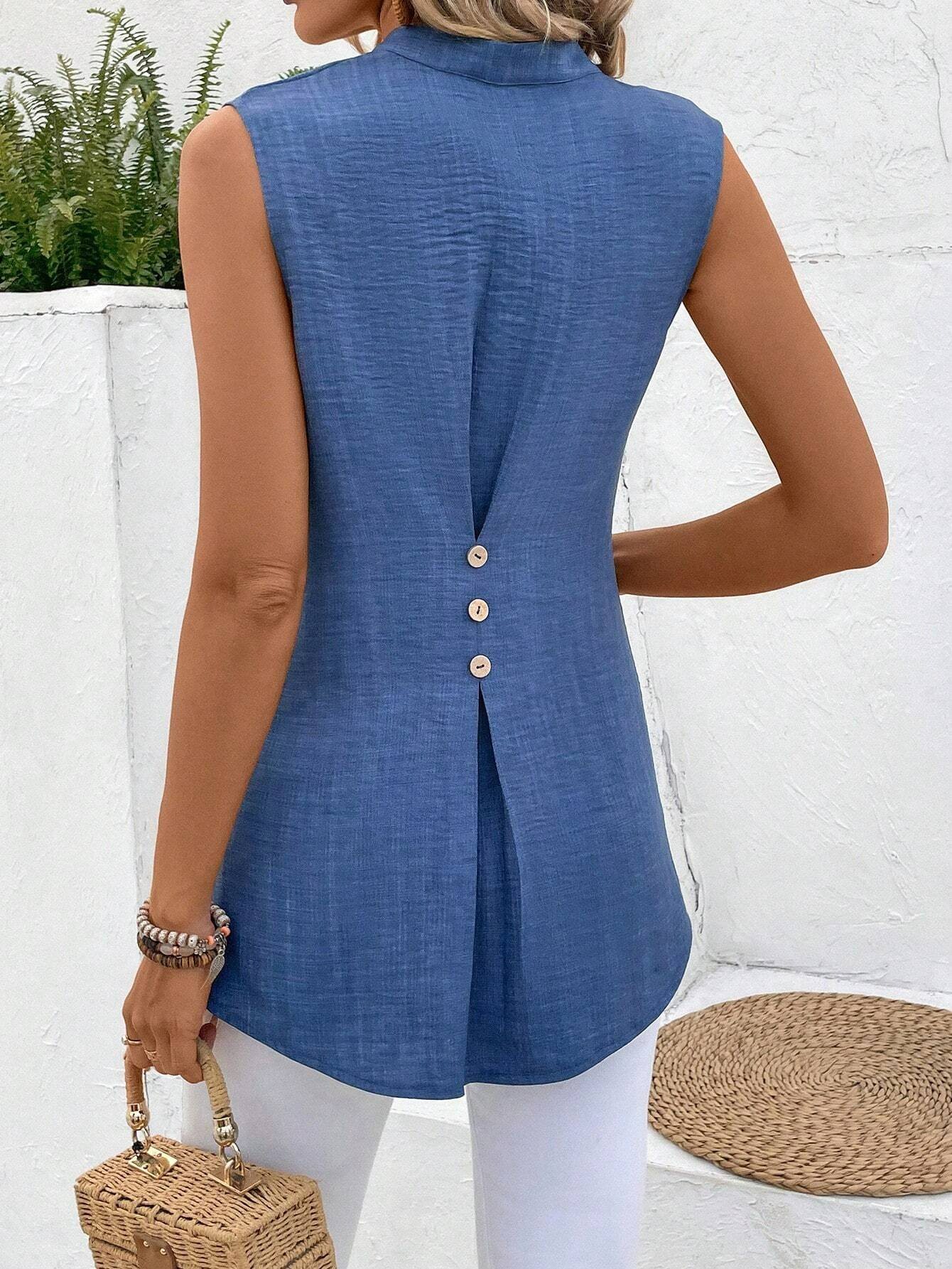 Buttoned Simple Sleeveless Regular Cotton and linen Shirts