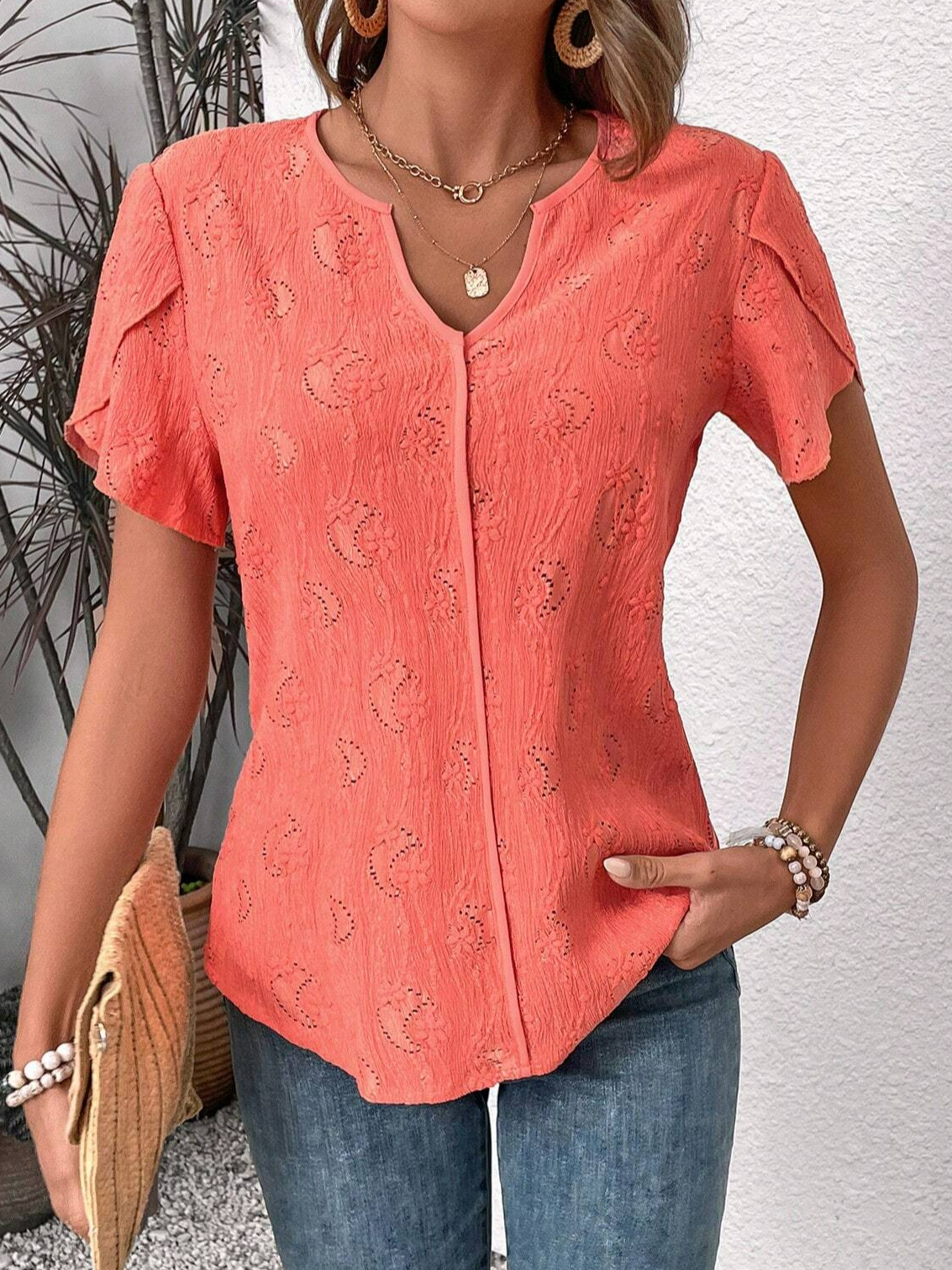 Women's Short Sleeve Blouse Summer Plain Buttoned Notched Neck Petal Sleeve Daily Going Out Simple Top