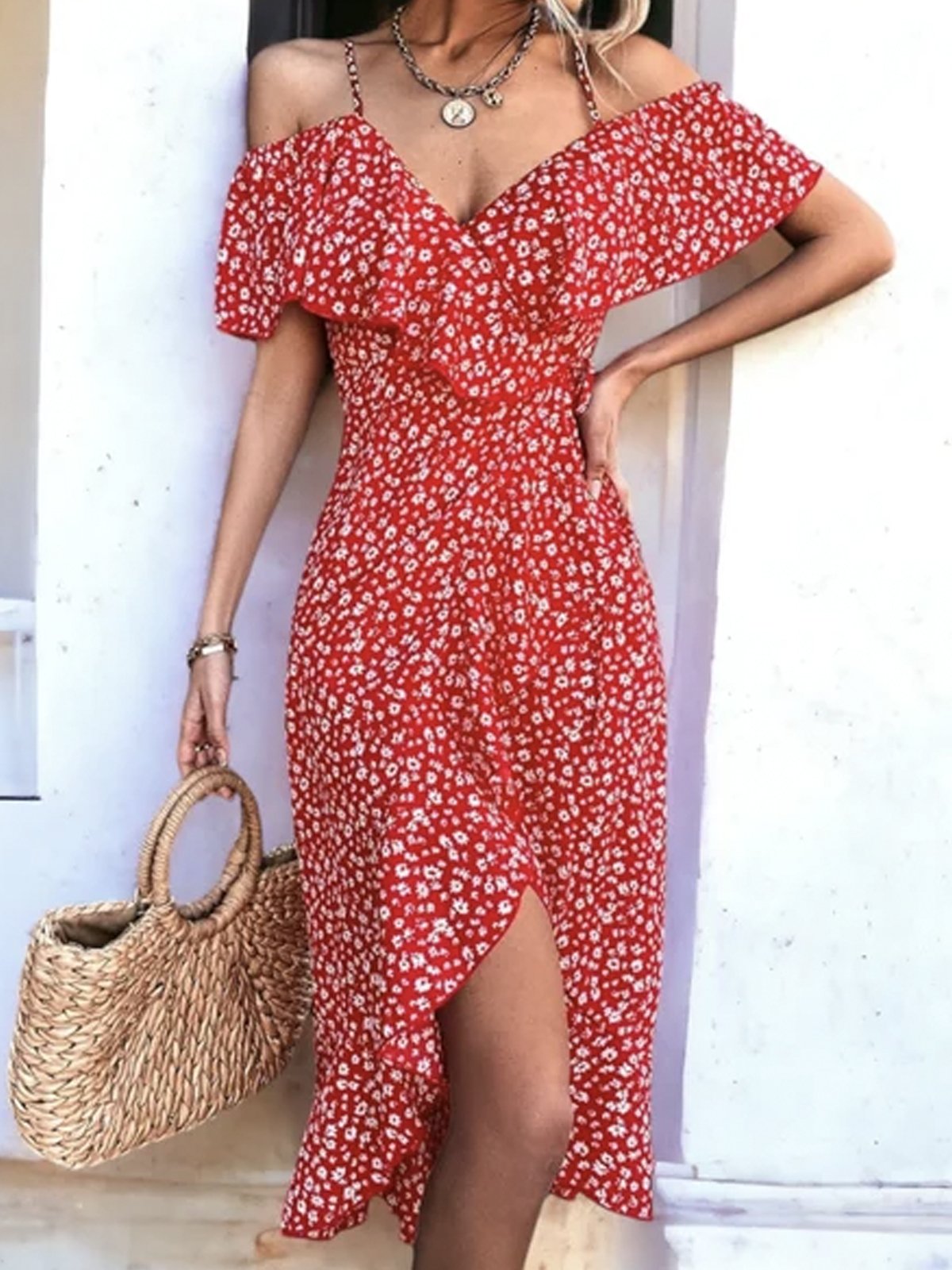 V Neck Loose Vacation Small Floral Dress