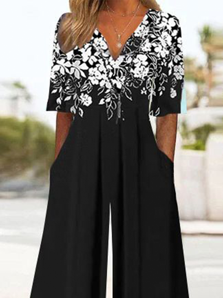 Casual Floral Knitted Pocket Stitching V Neck Jumpsuit