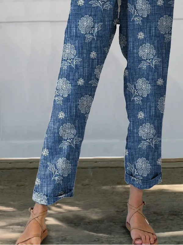 Pocket Stitching Floral Loose Casual Pants