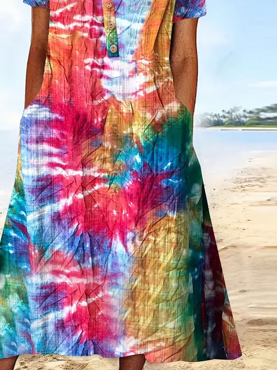 Loose Tie-Dye Pattern Buckle Dress