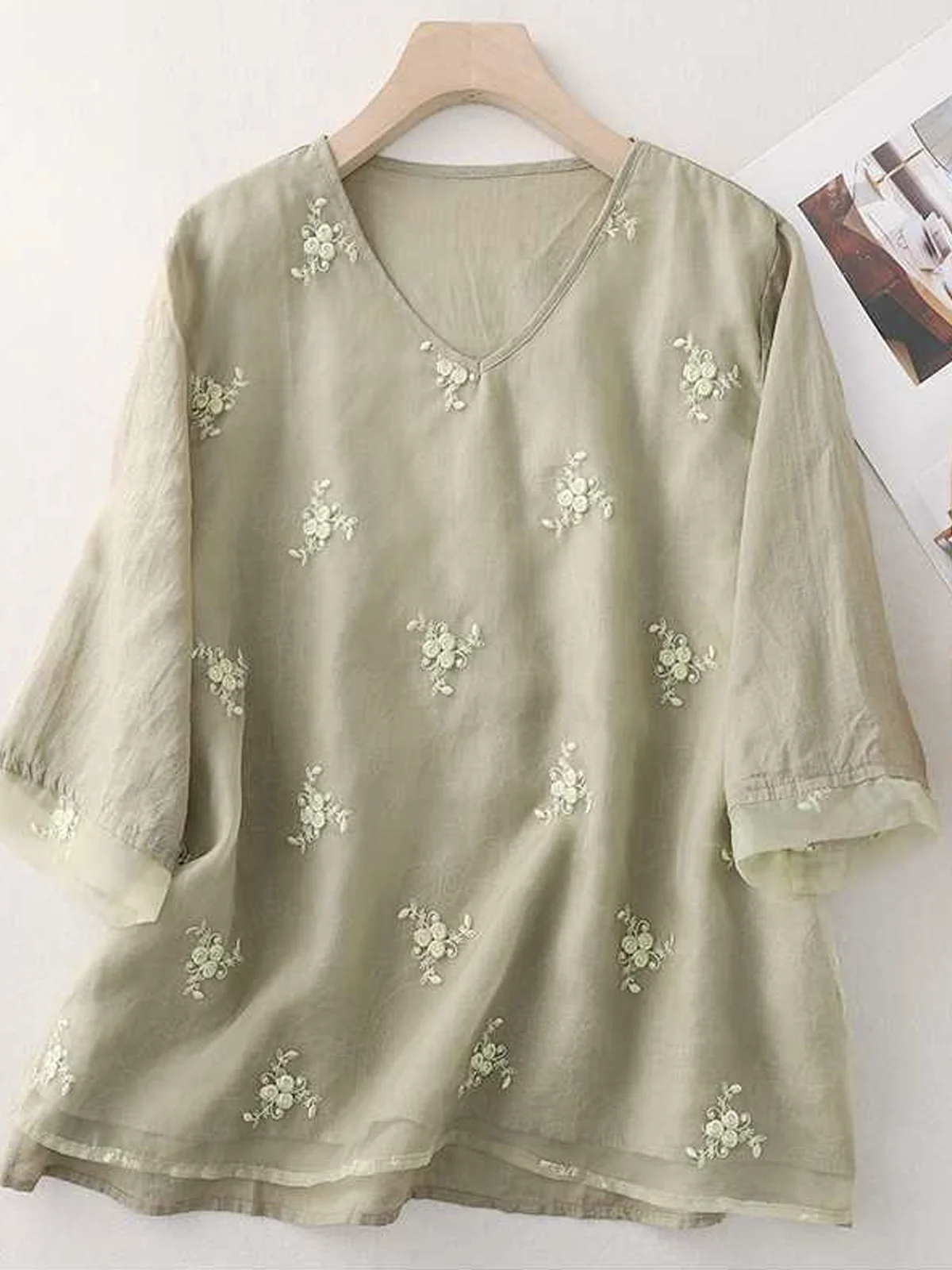 Floral Embroidery Casual Cotton And Linen Shirt