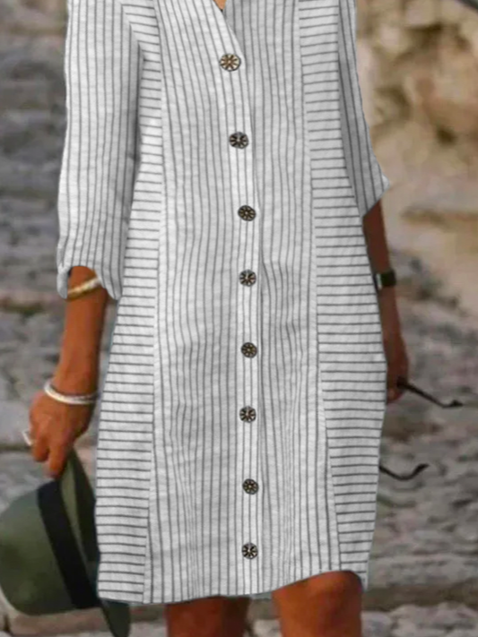 Shirt Collar Casual Loose Striped Dress With No