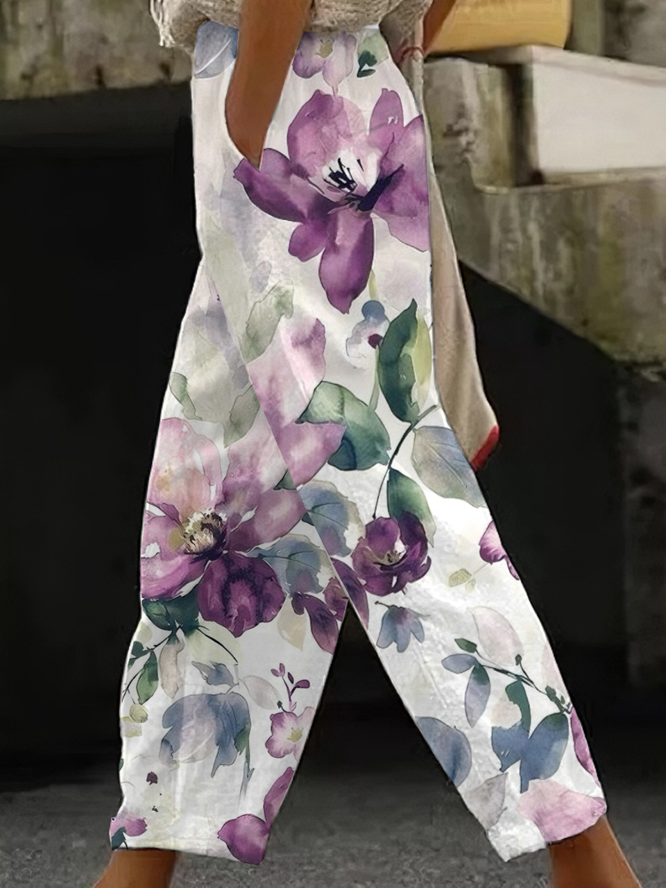 Casual Floral Cotton And Linen Pants