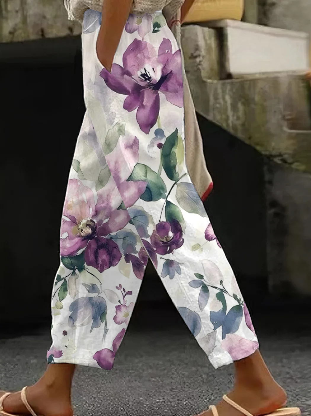 Casual Floral Cotton And Linen Pants
