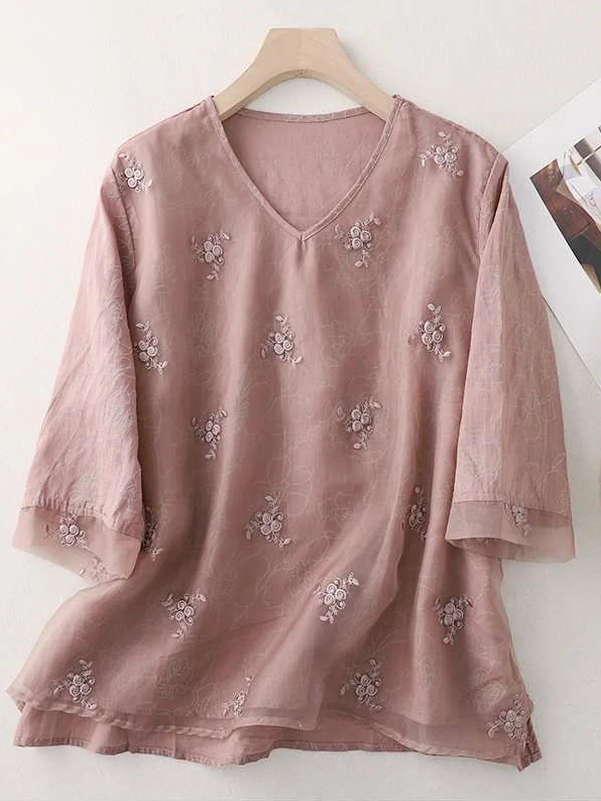 Floral Embroidery Casual Cotton And Linen Shirt