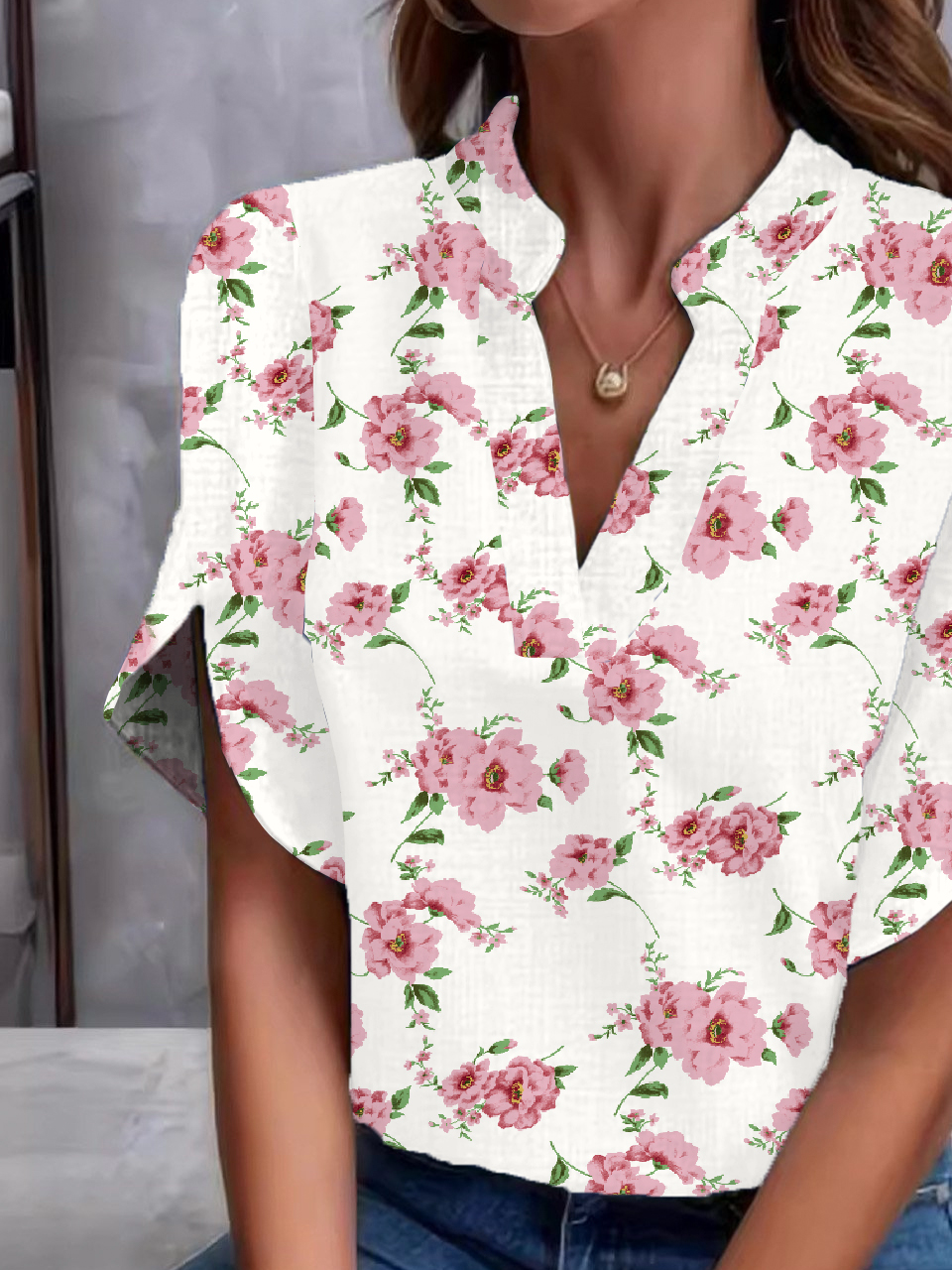 Loose Notched Floral Casual Shirt
