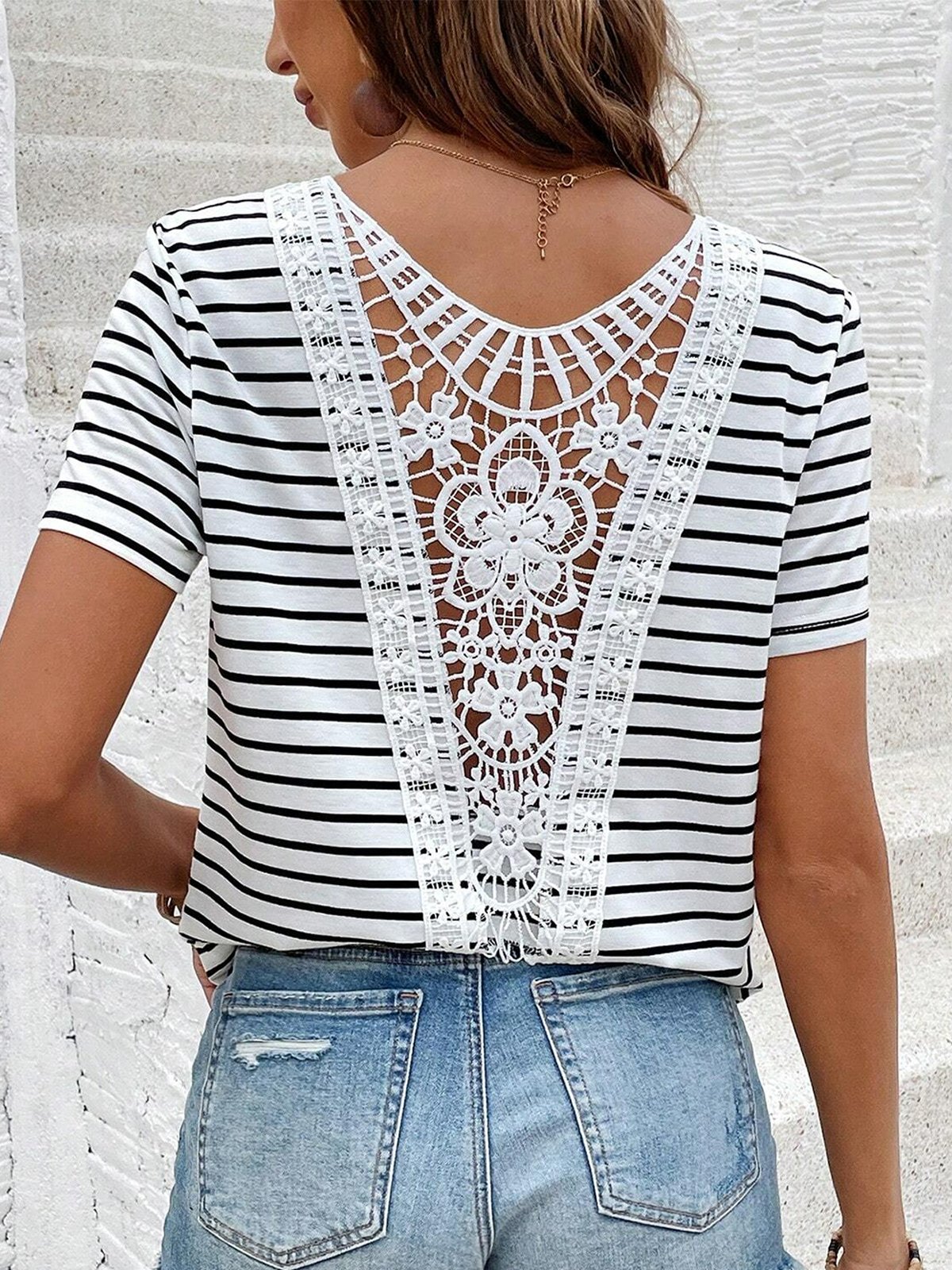 Women's Short Sleeve Tee Summer Striped Lace Hollow out V Neck Going Out Elegant Top White Red