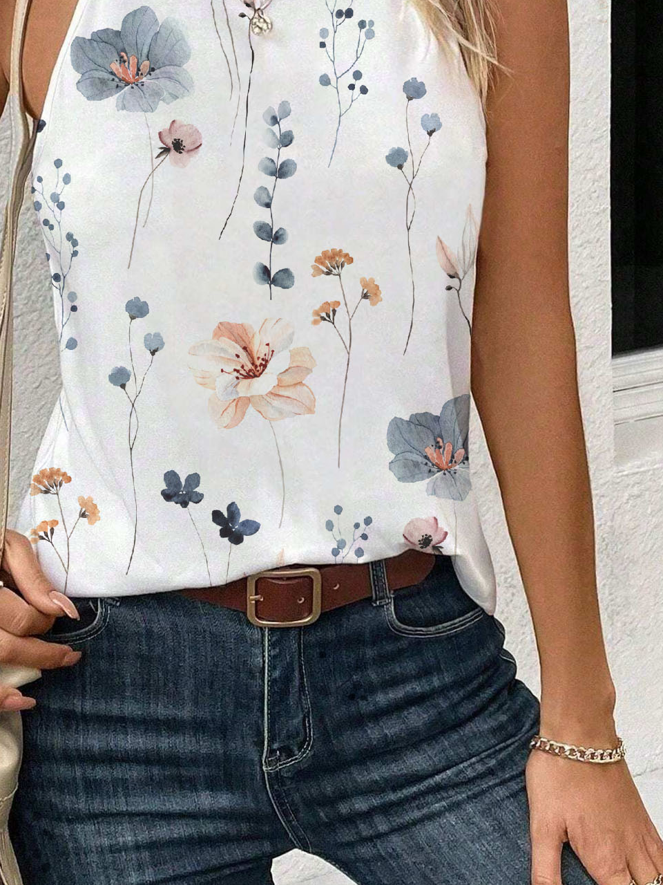 Casual Floral Crew Neck Tank Top