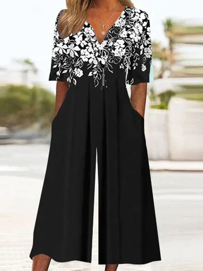 Plus Size Floral Pocket Stitching V Neck Casual Romper & Jumpsuit