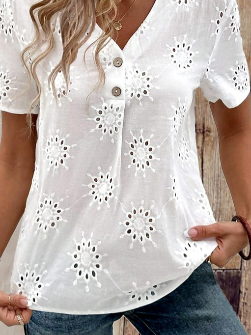 Casual Embroidery Patterns V Neck Loose Shirt