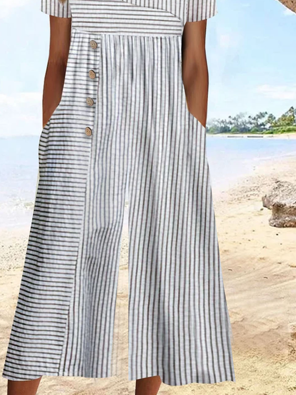 Striped Buckle Casual Jumpsuit
