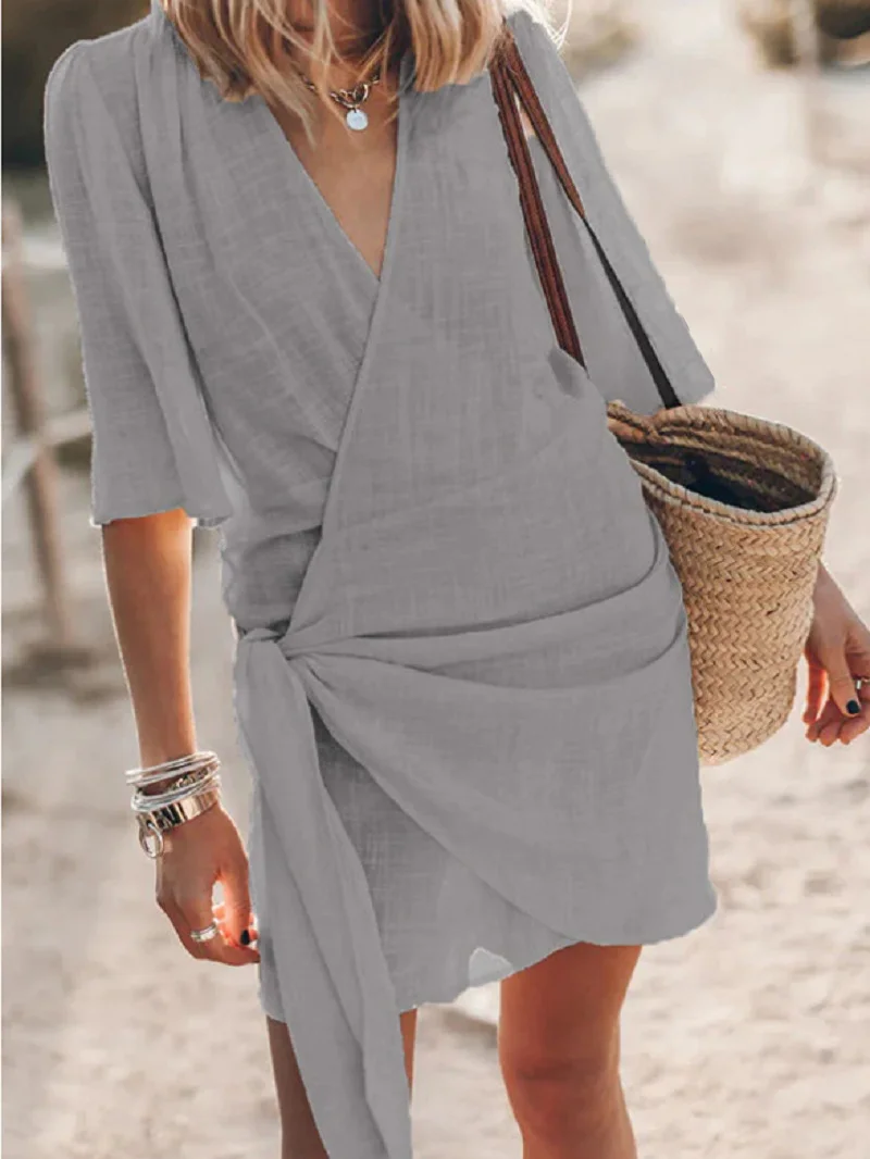 V Neck Knot Front Casual Loose Dress