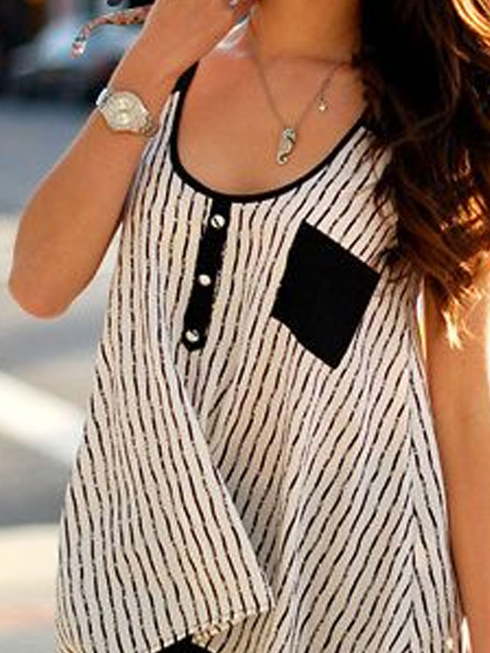 Buckle Striped Crew Neck Casual Tank Top