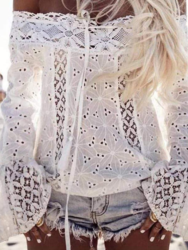 Boho Tie-Dye Pattern Flare Sleeve Cold Shoulder Lace Shirt