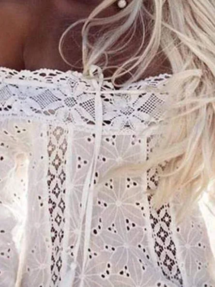 Boho Tie-Dye Pattern Flare Sleeve Cold Shoulder Lace Shirt