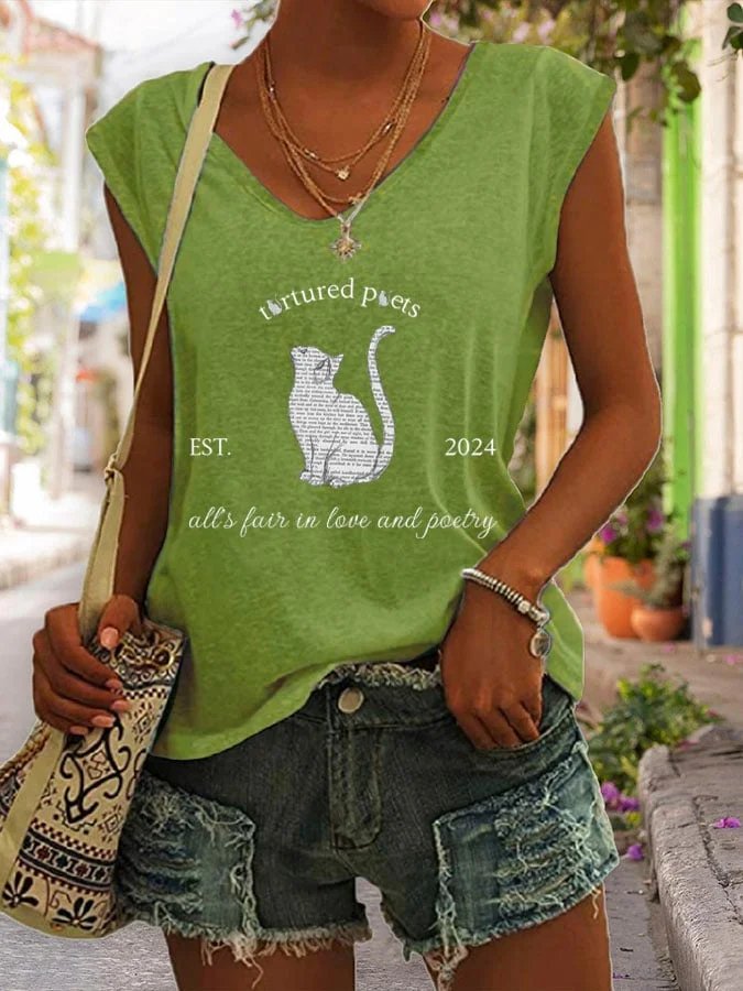 V Neck Cotton-Blend Text Letters Casual T-Shirt