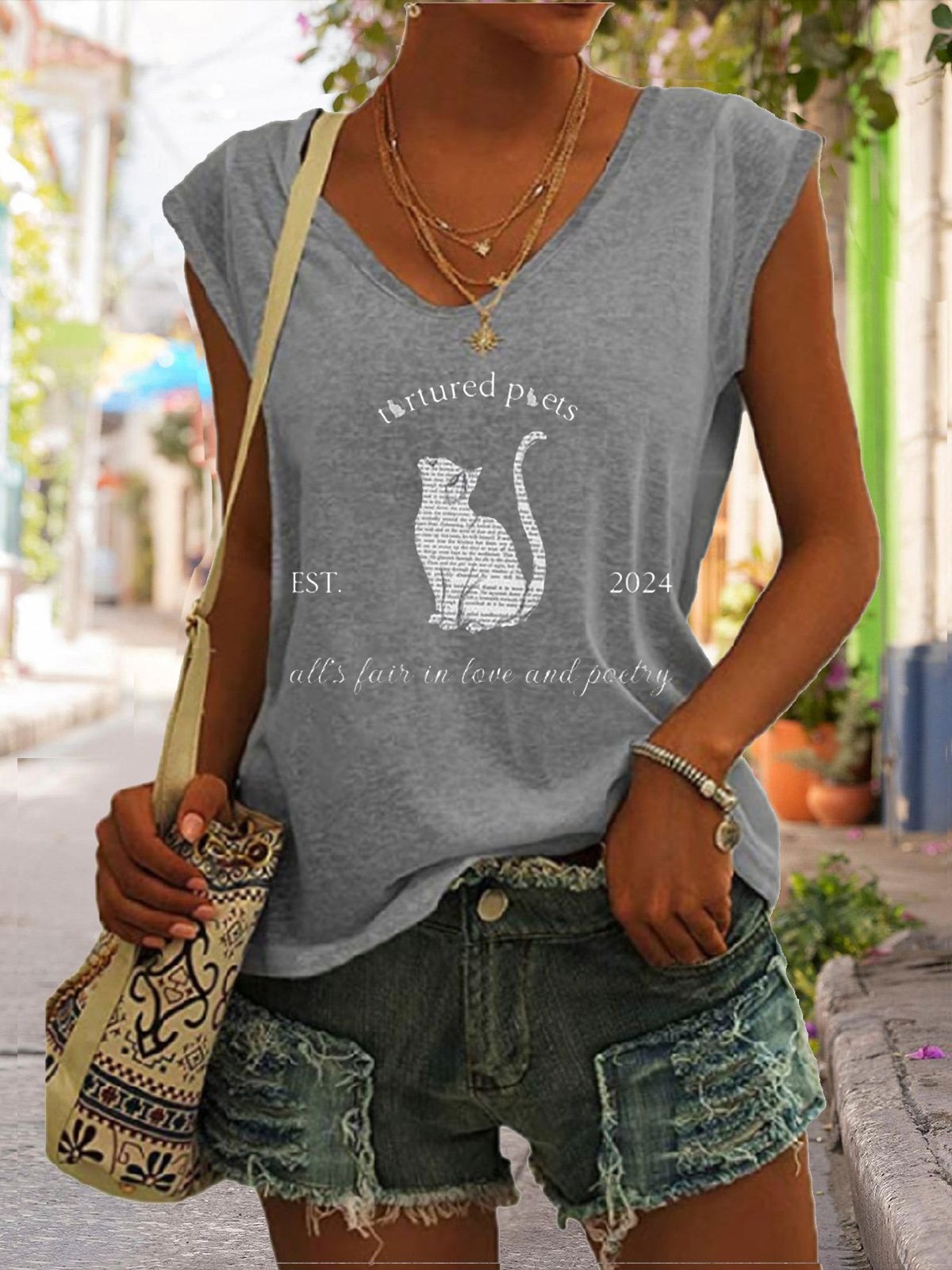 V Neck Cotton-Blend Text Letters Casual T-Shirt