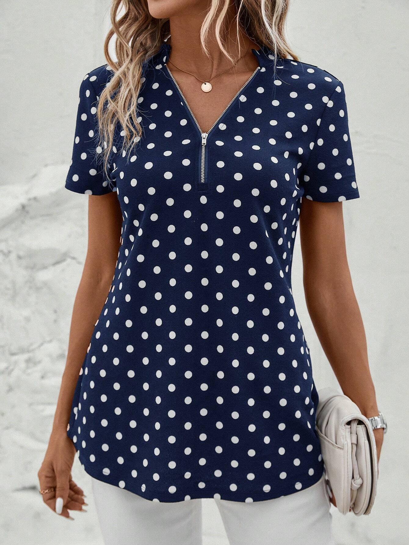 Women's Short Sleeve Shirt Summer Dark Blue Polka Dots Zipper V Neck Going Out Top