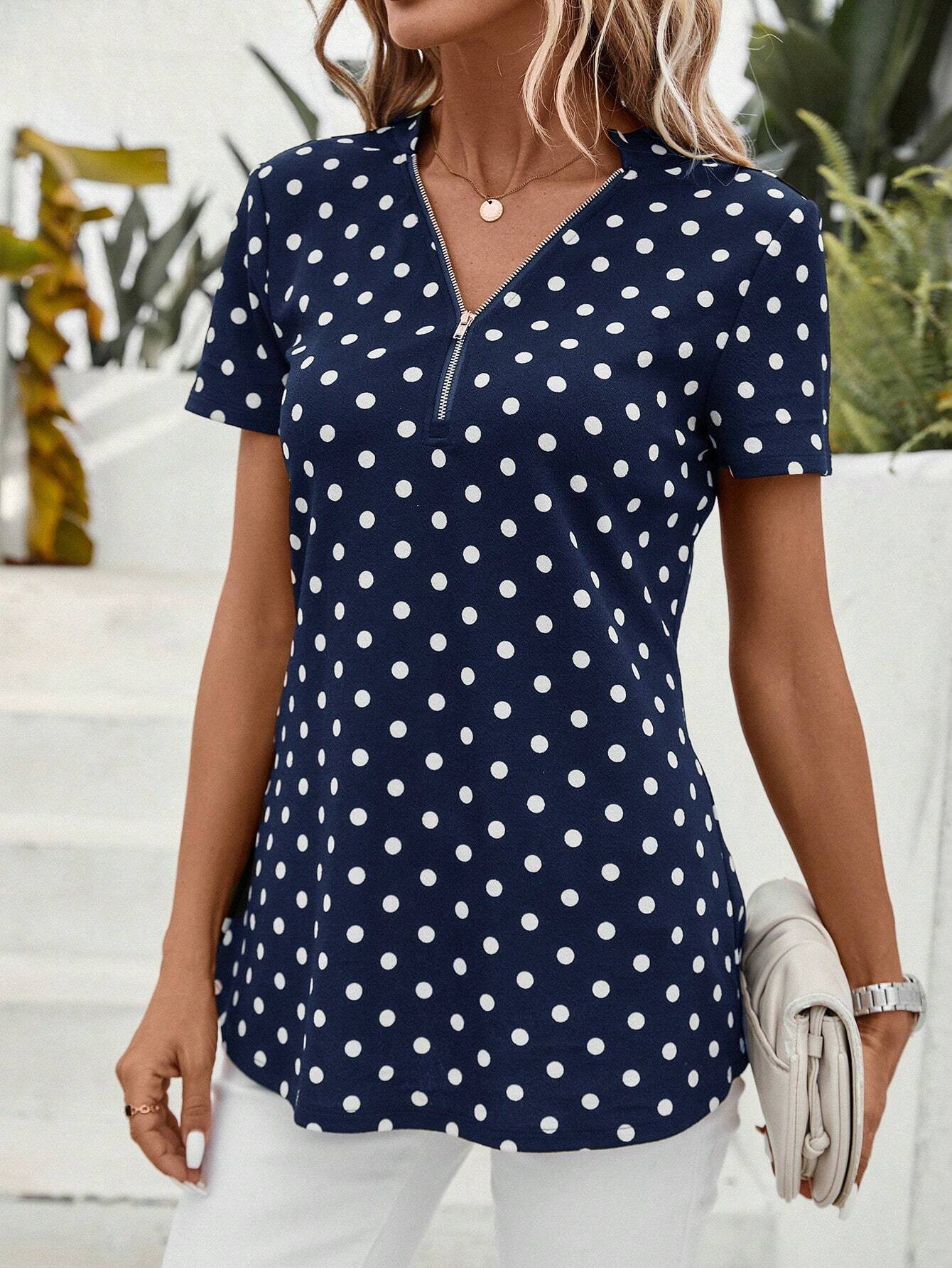 Women's Short Sleeve Shirt Summer Dark Blue Polka Dots Zipper V Neck Going Out Top